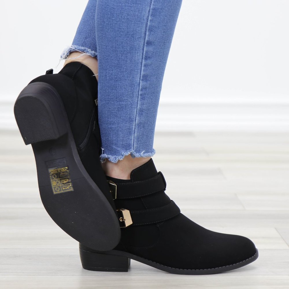 Black Velvet Ankle Boots Gold Buckles Booties - Picture 2 of 13